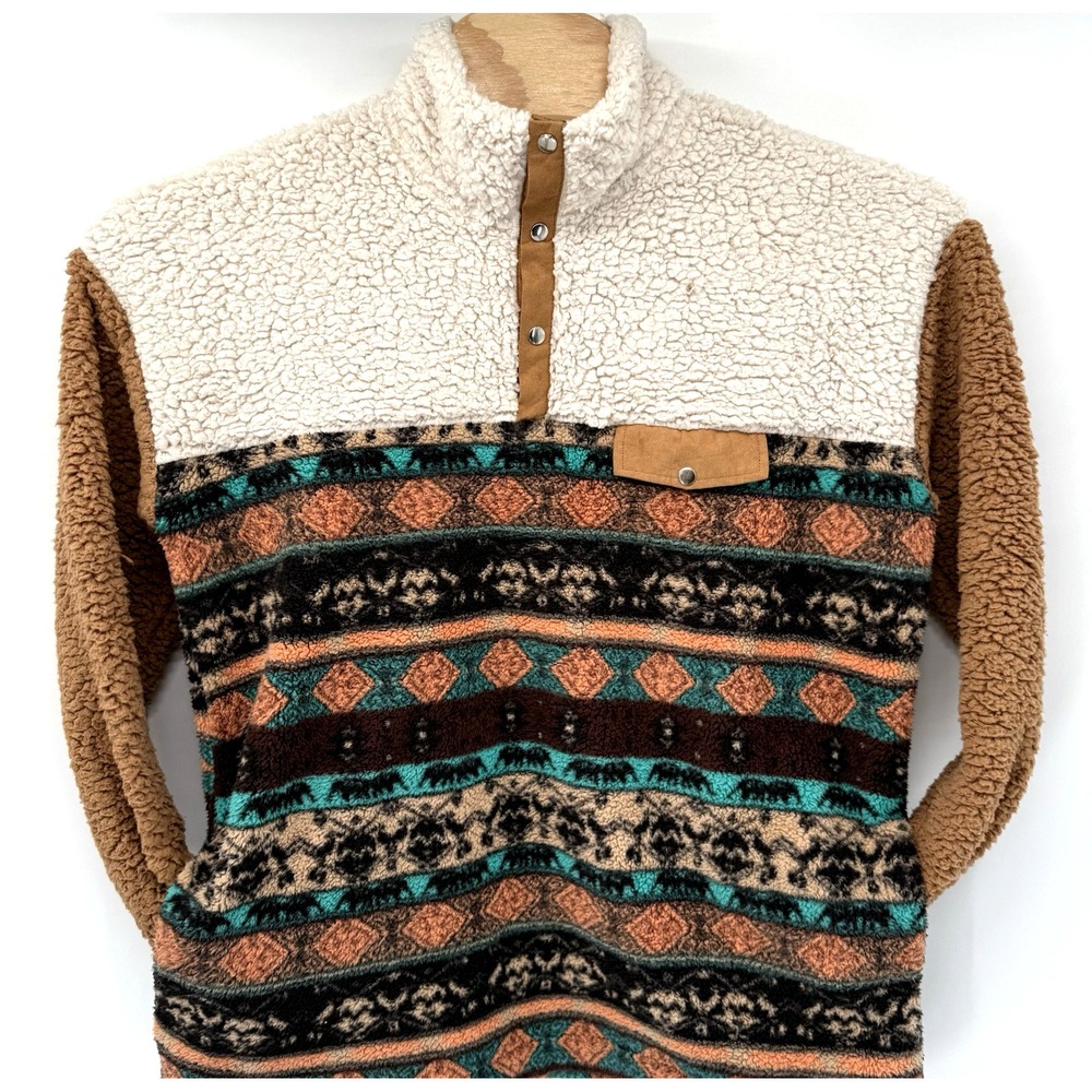 Prissy Jane Fleece Pullover Womens Large Brown Southwestern Aztec Sherpa Zip